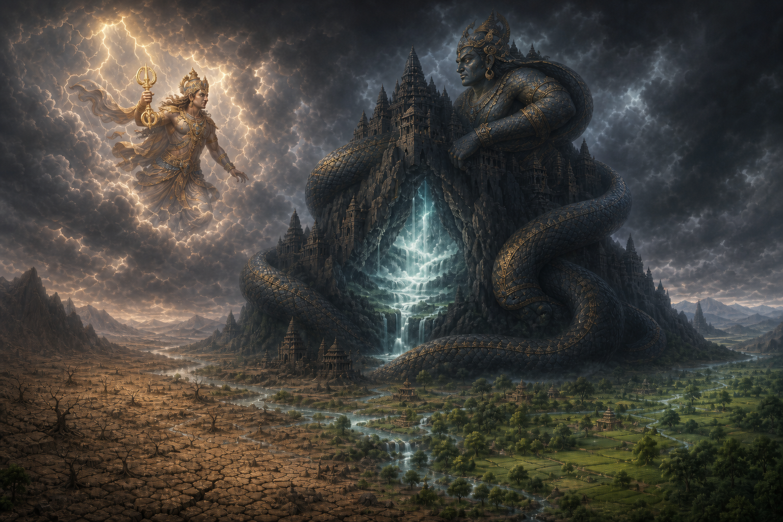 Indra holds a glowing vajra opposite the serpentine Vritrasura, who coils around a mountain enclosing luminous rivers above a parched landscape.