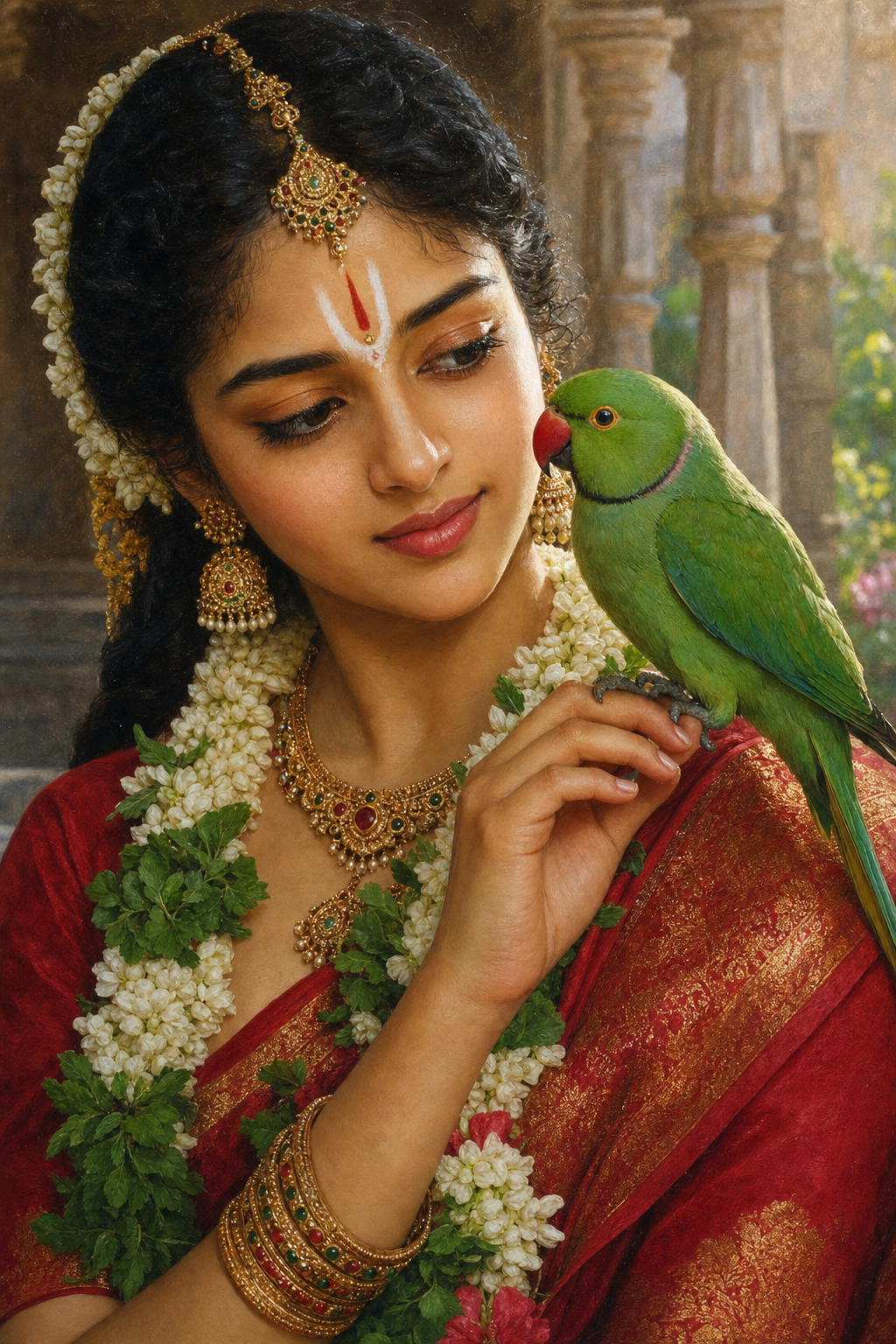 Close view of Andal in red silk holding a green parrot beside her cheek among jasmine and tulasi leaves.