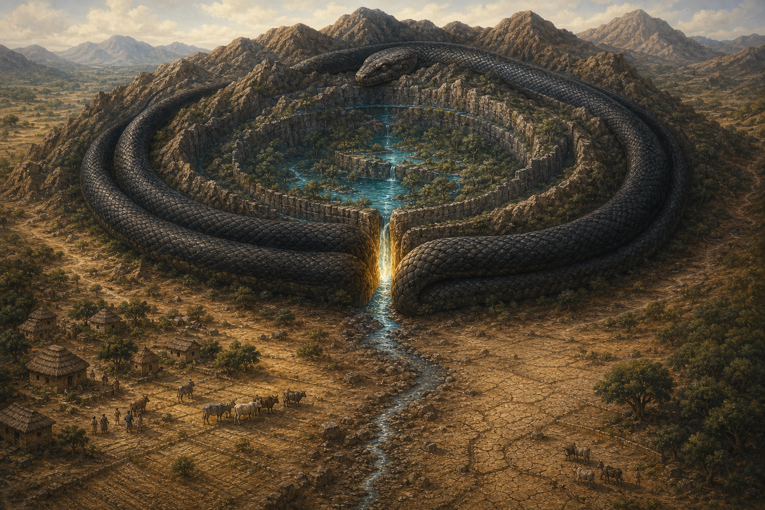A giant serpent encircles a mountain basin and traps blue water while dry fields and villages lie downstream.