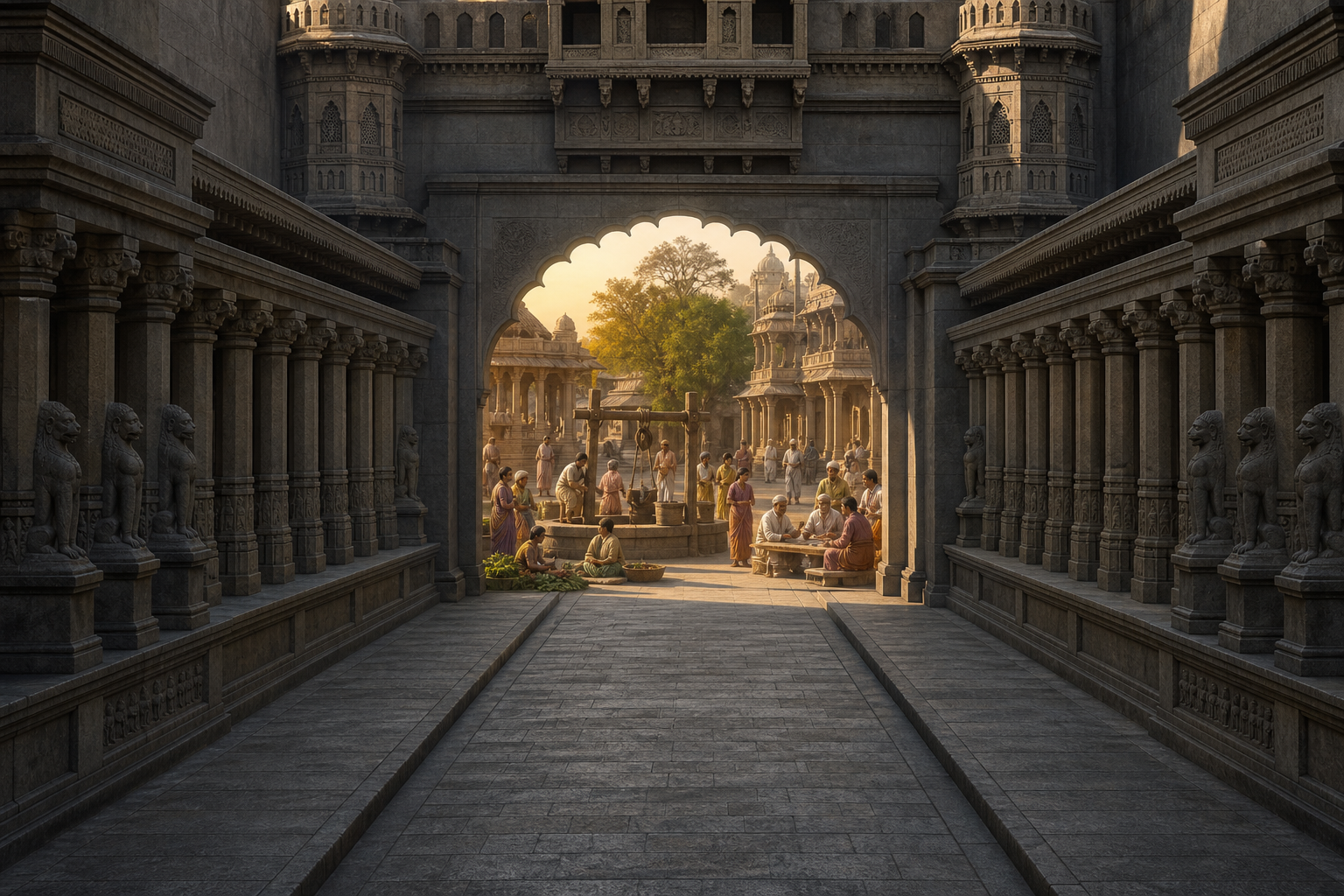 A silent avenue beneath a fortified palace opens onto a sunlit courtyard where citizens perform varied civic and household duties around a well.