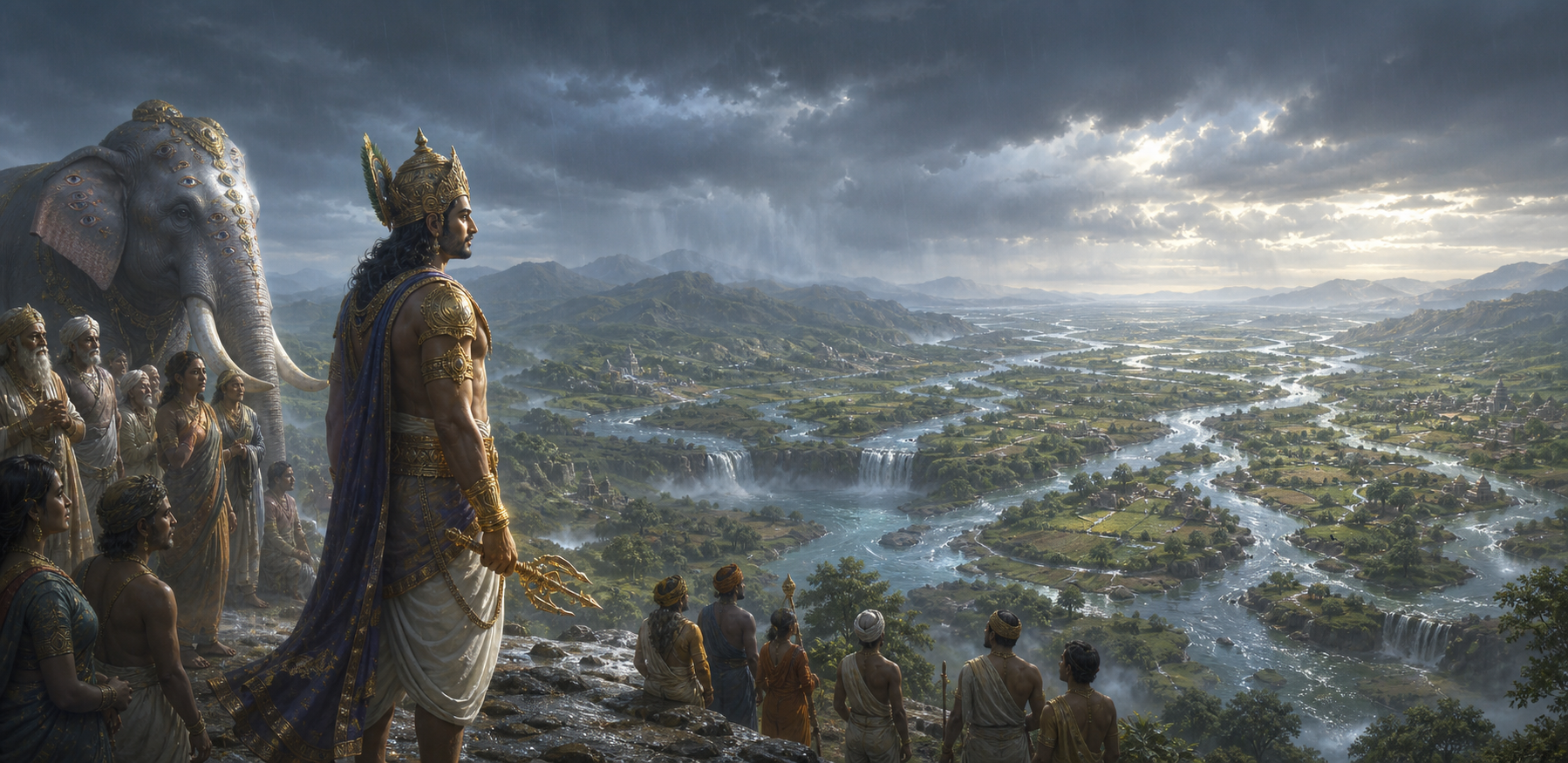 Indra stands with a lowered vajra beside his celestial elephant as released rivers flow toward green farms and waiting communities.