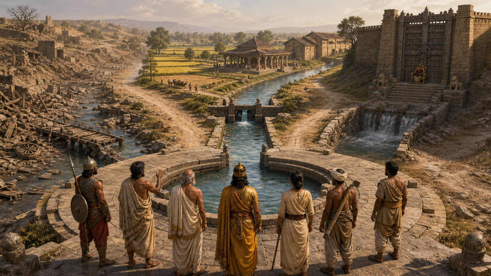 A council gathers around flowing water at a crossroads leading toward hoarded resources, civic collapse, or a maintained and cultivated community.