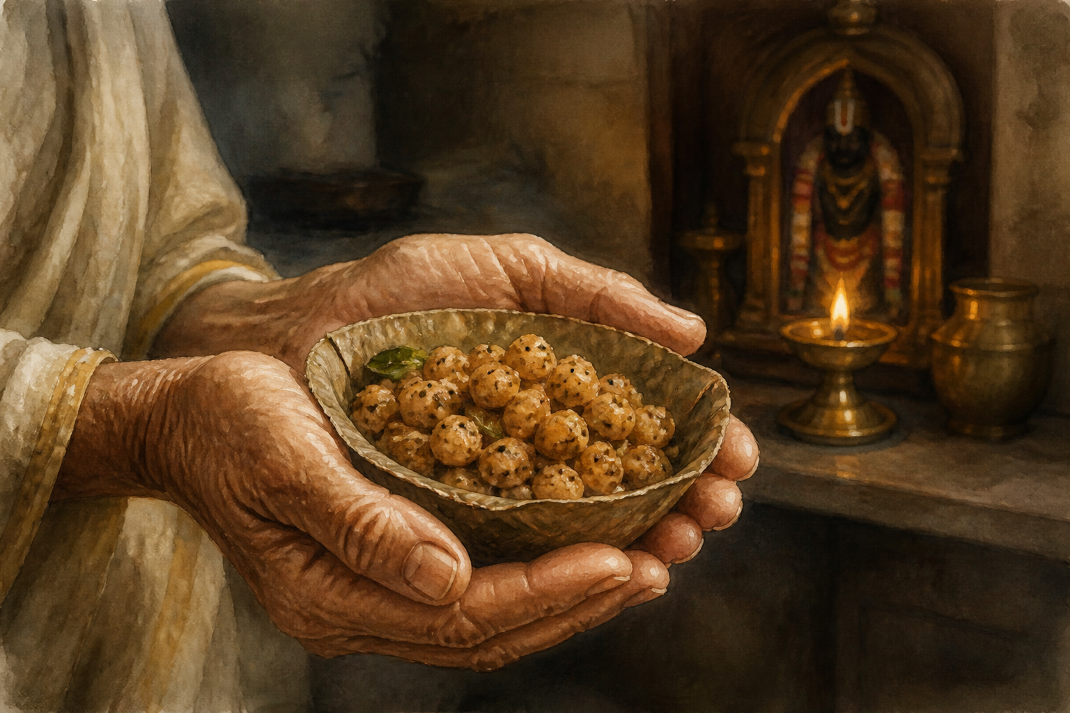 Weathered hands hold a small leaf bowl of seasoned chickpeas near an oil lamp and a softly blurred household shrine.