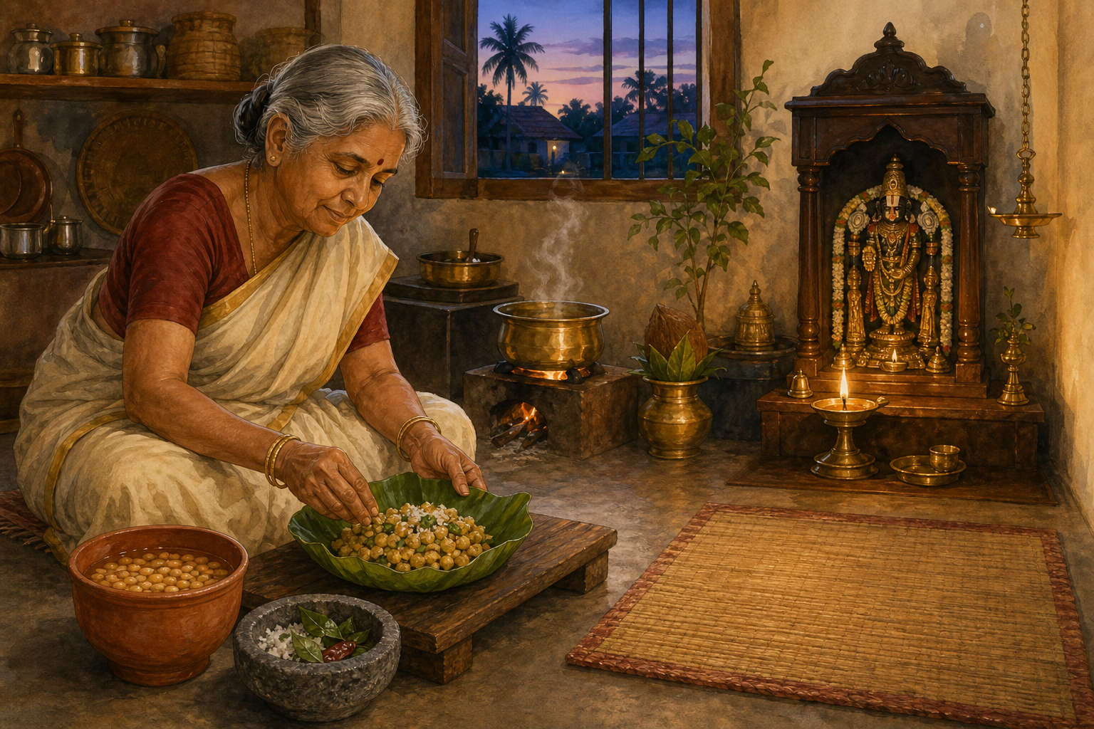 An elderly woman prepares chickpeas in a modest kitchen, with soaking, cooking, seasoning, plating, and a lamp-lit shrine visible around her.