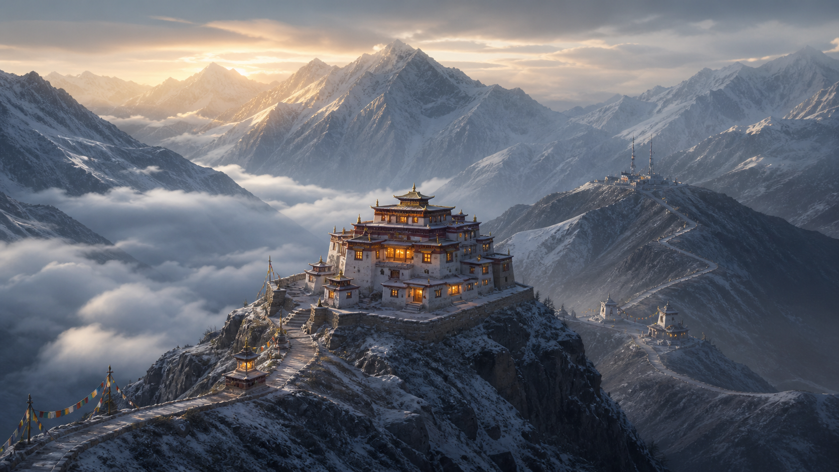 A Tibetan Buddhist monastery stands on a Himalayan ridge above routes leading toward pilgrimage shelters, a distant checkpoint, and snow-covered mountain passes.