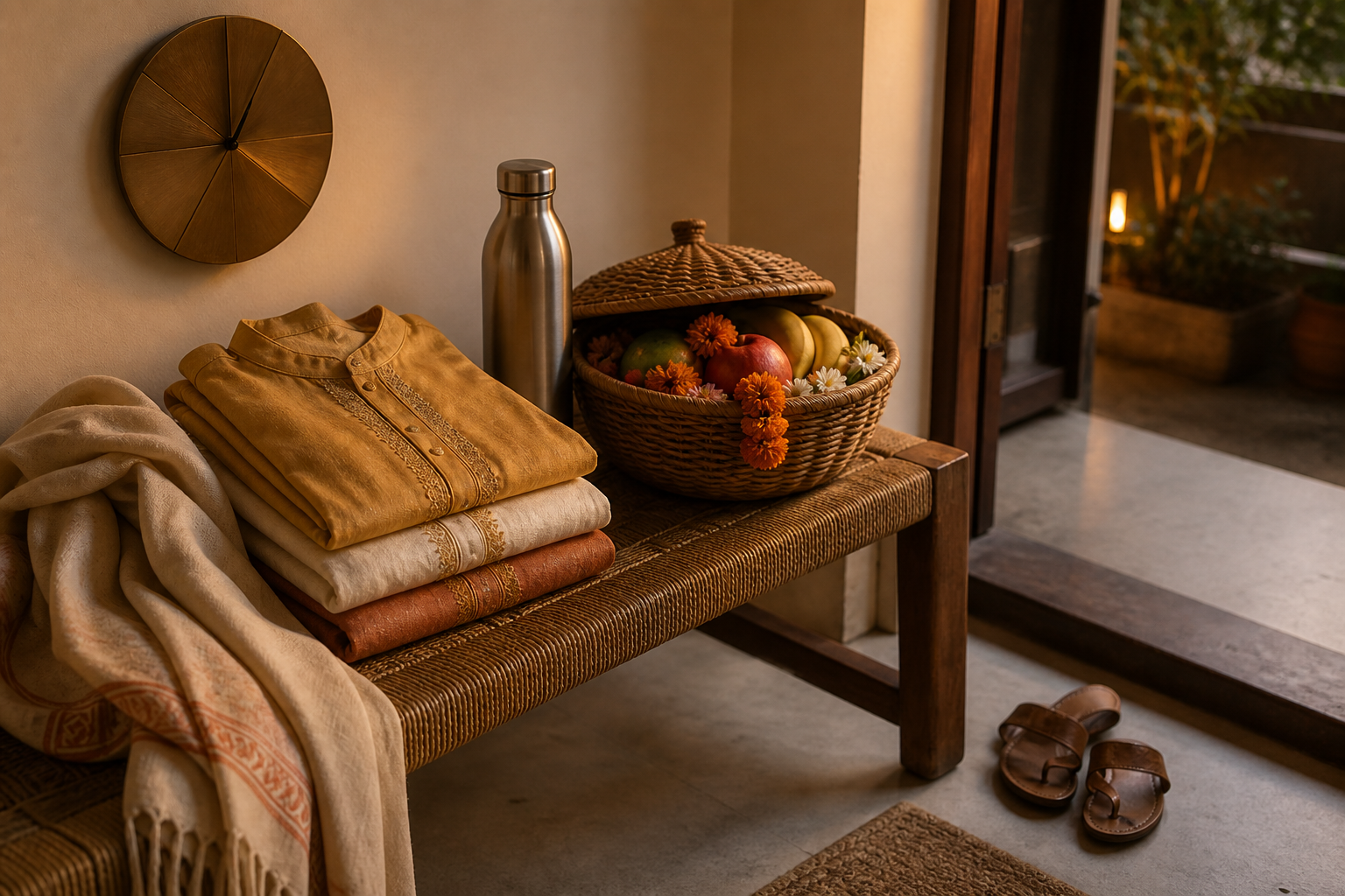 Festive clothing, sandals, a shawl, water bottle, fruit, and flowers are arranged near a doorway before a Janmashtami gathering.