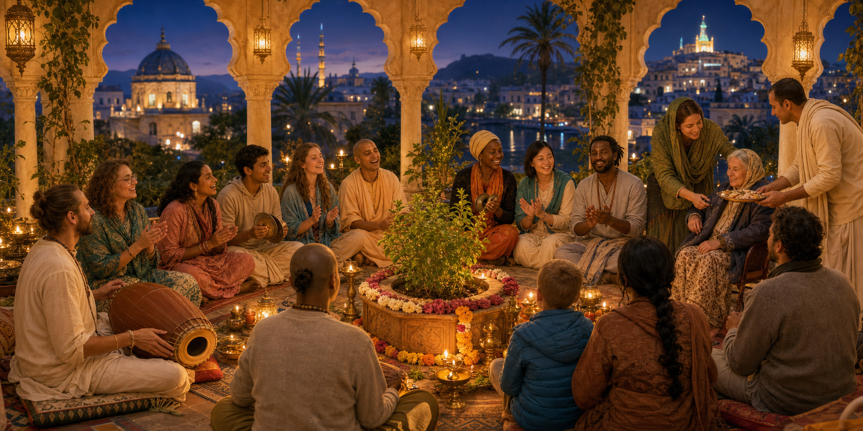 A diverse multigenerational group sings kirtan around a tulasi plant while volunteers offer food and help visitors in a lamplit courtyard.
