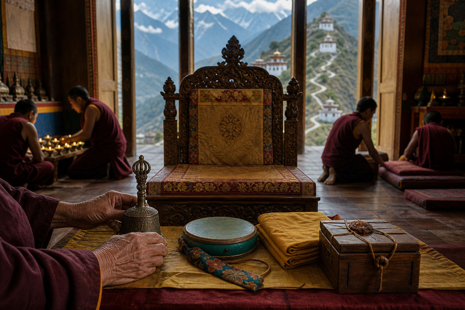Monastics prepare an empty ceremonial seat and ritual objects in a Himalayan monastery while a mountain path links distant religious communities outside.