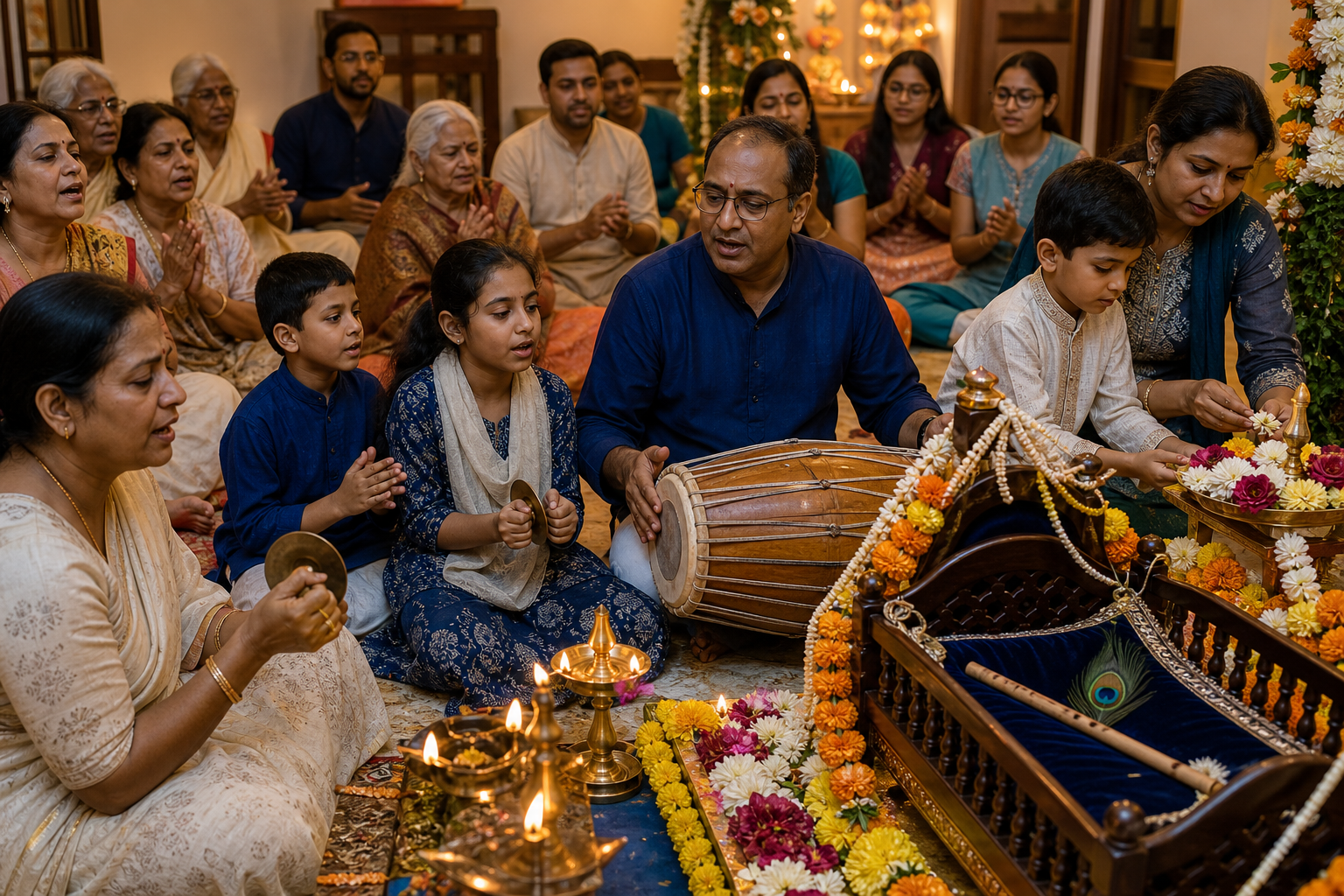 Adults and children sing, clap, play devotional instruments, and prepare flower offerings during a community Janmashtami observance.