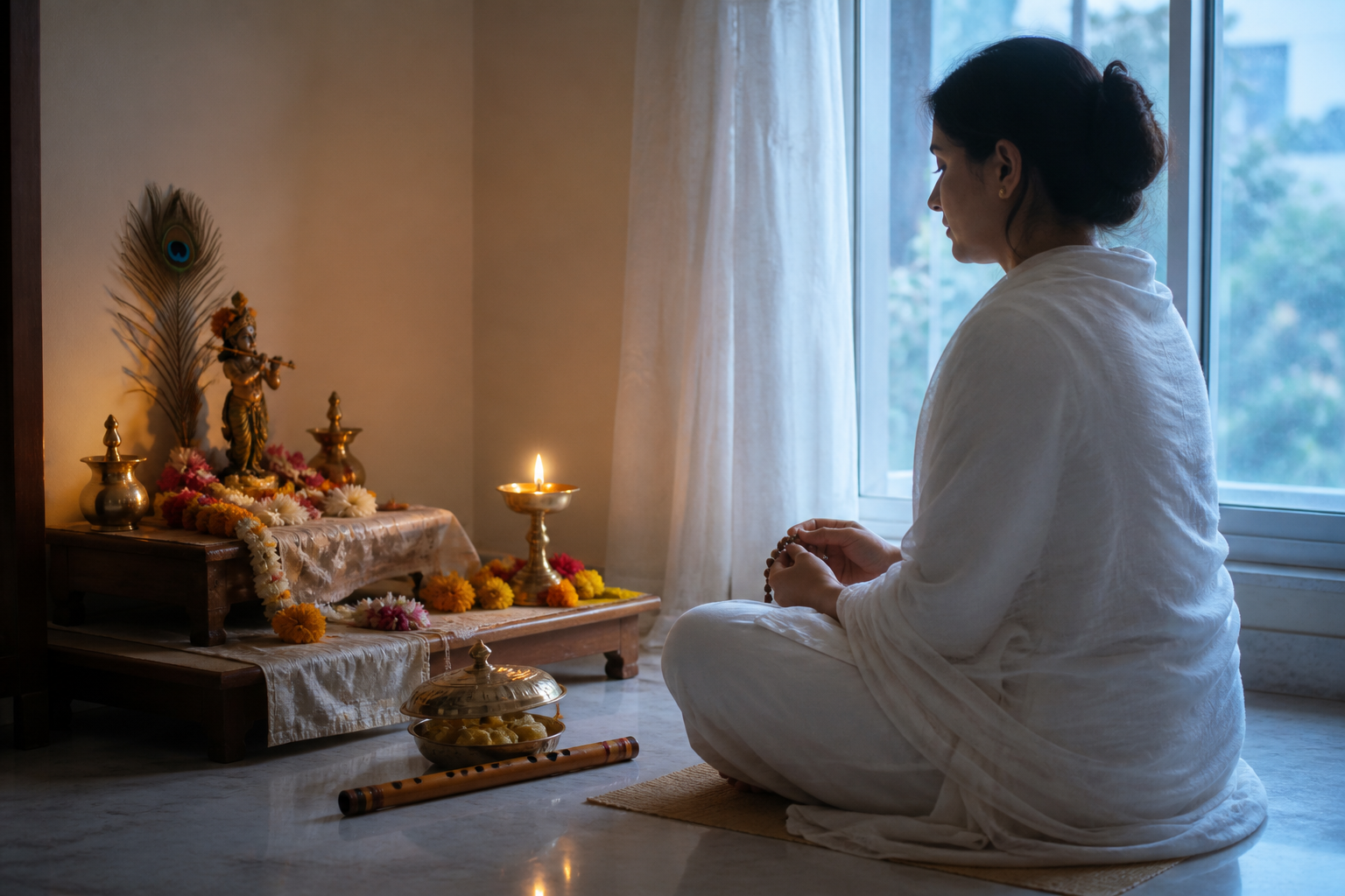 A person reflects at a home prayer corner the morning after Janmashtami beside a lamp, flowers, prayer beads, a flute, and a peacock feather.