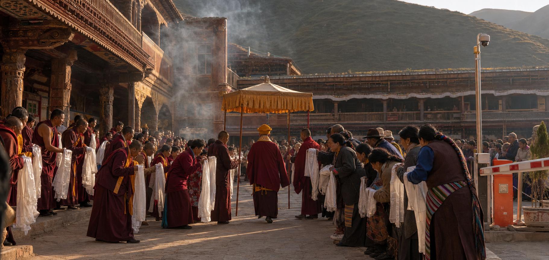 An unnamed Buddhist teacher enters an eastern Tibetan monastery courtyard during a ceremonial welcome as a road barrier and surveillance camera appear in the distance.