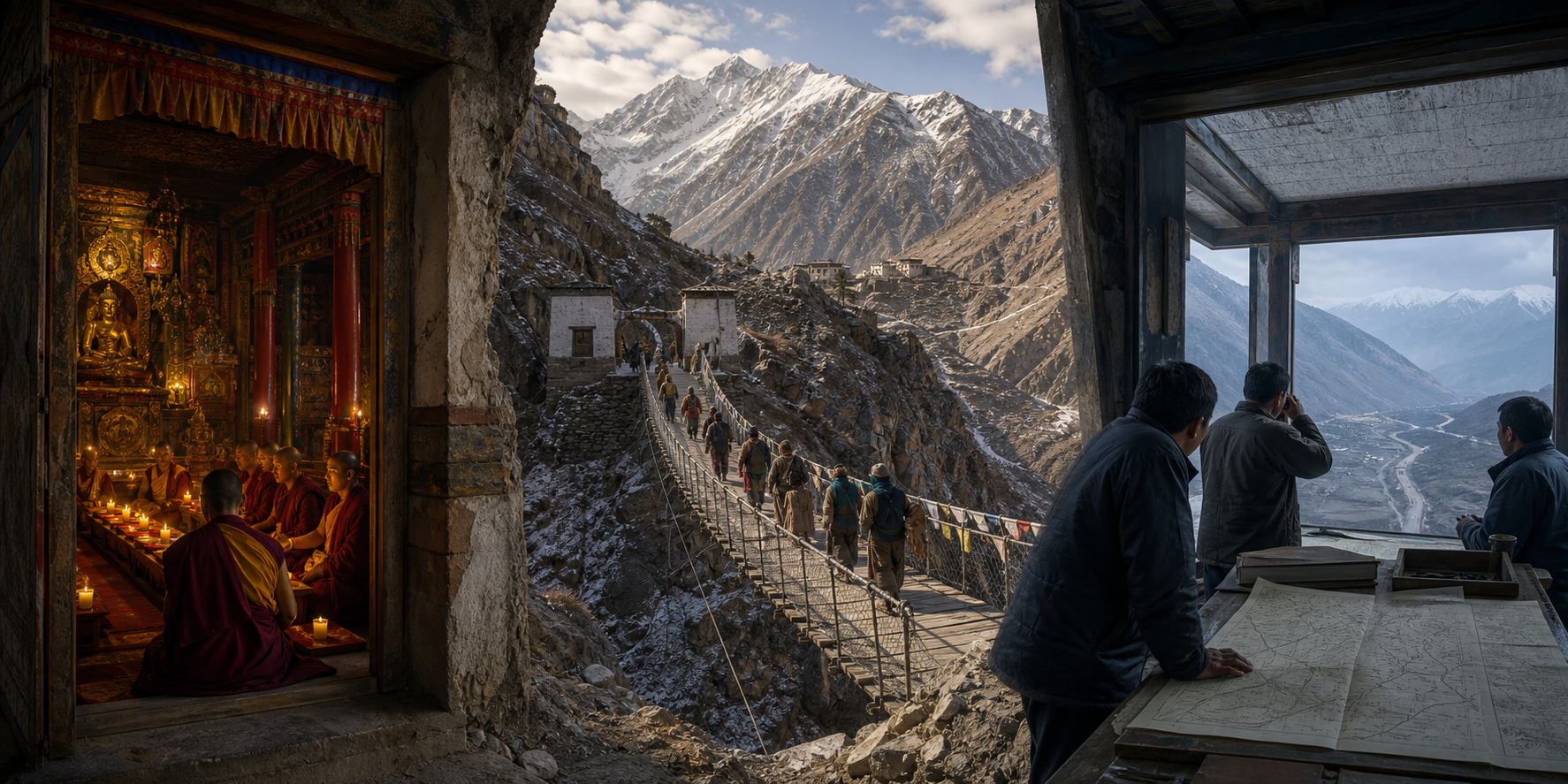 A Himalayan landscape shows monks in a monastery, pilgrims crossing a mountain bridge, and civilian officials observing roads from a separate outpost.