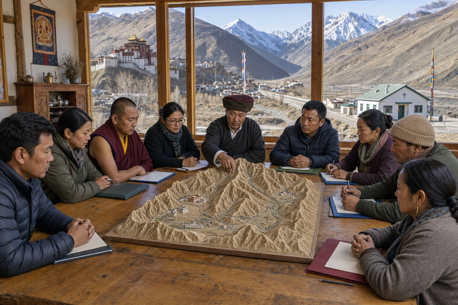 Monastic administrators, community representatives, civilian officials, conservators, and emergency workers discuss an unlabeled model of a Himalayan valley in a meeting room.
