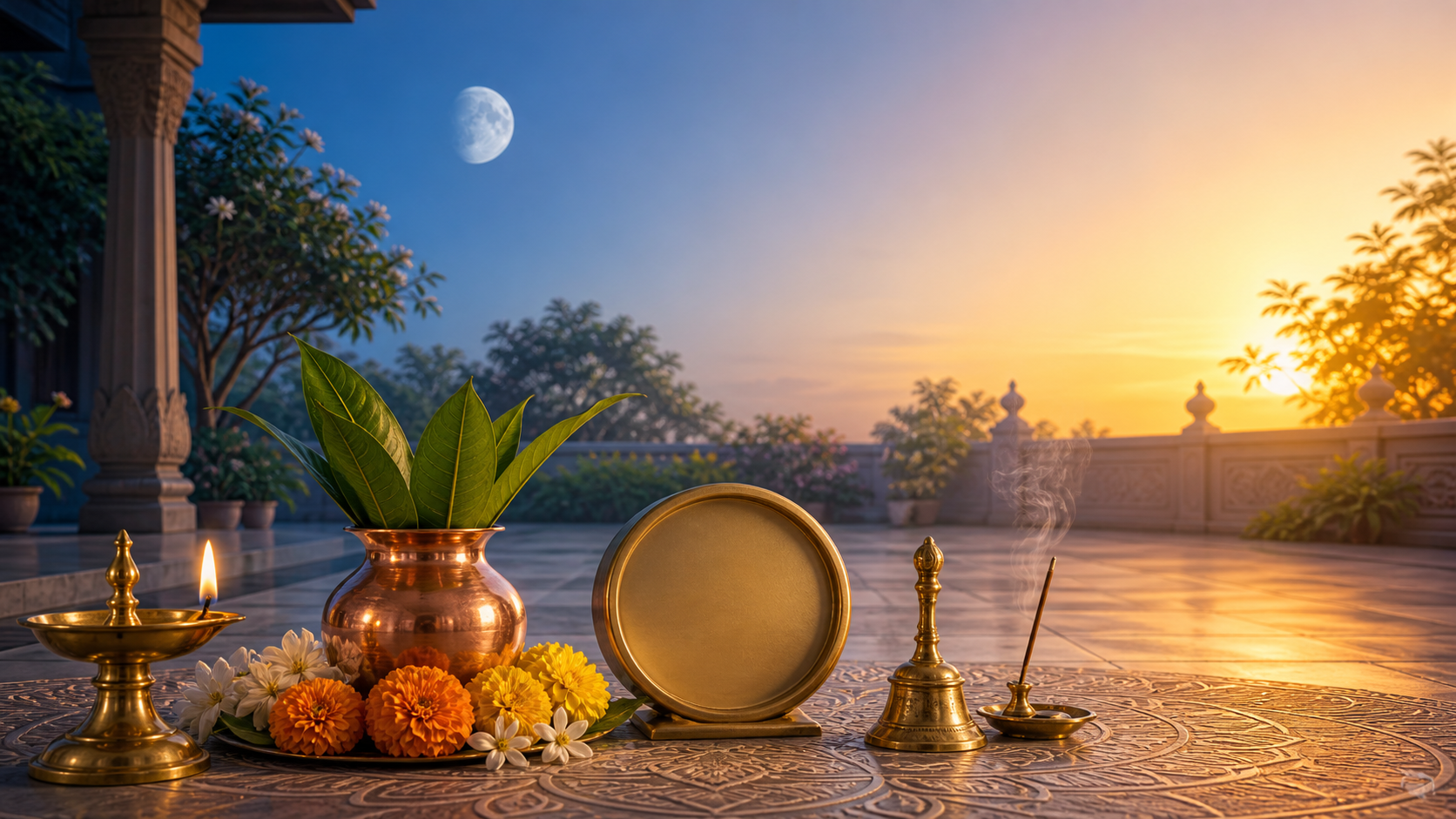 A brass diya, kalash, flowers, bell, and incense in a courtyard as dawn light brightens and a nearly full moon fades in the sky.