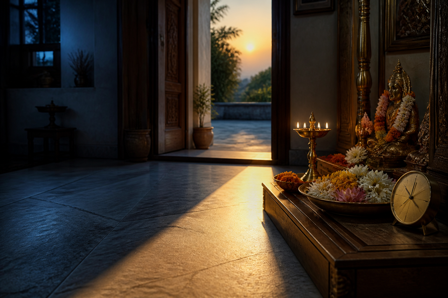Morning light and a moving doorway shadow cross a home shrine with a diya, flowers, and an unnumbered timepiece.