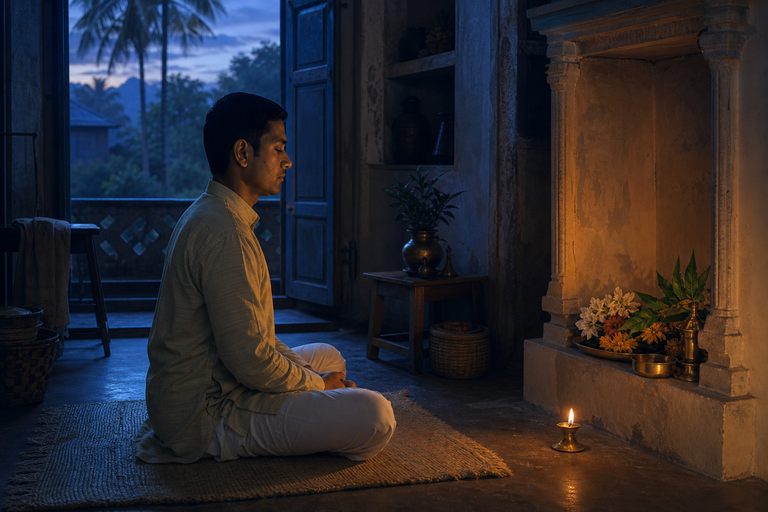A person meditates at predawn beside a small brass diya as warm lamplight and cool daylight illuminate a quiet room.
