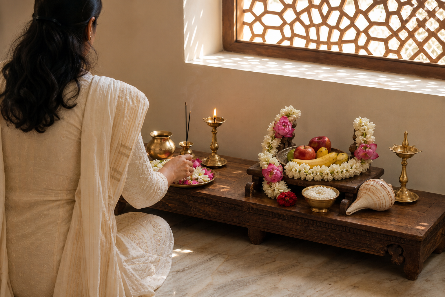 A devotee arranges separate morning and later worship offerings in a sunlit prayer room.