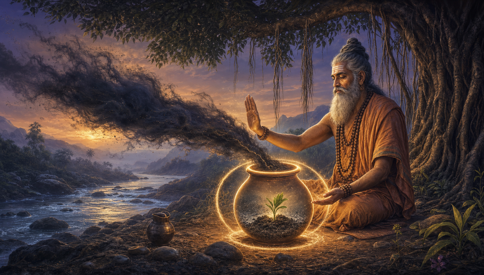A serene rishi beside a river contains dark vapor in a glowing earthen vessel where it becomes soil and a green shoot.