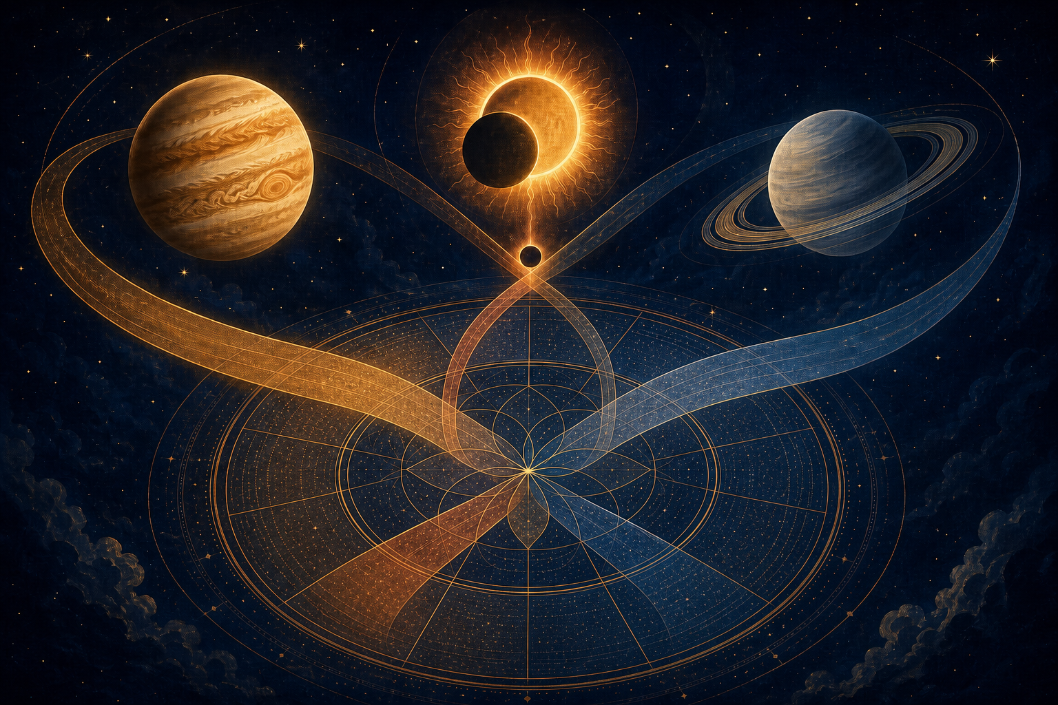 Golden and ringed planets and an eclipse pair trace broad paths above an unlabeled twelve-part celestial mandala.