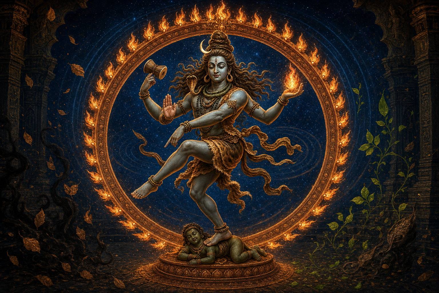 Four-armed Nataraja dances inside a ring of flame, holding a drum and fire while one hand reassures and another points toward the raised foot.