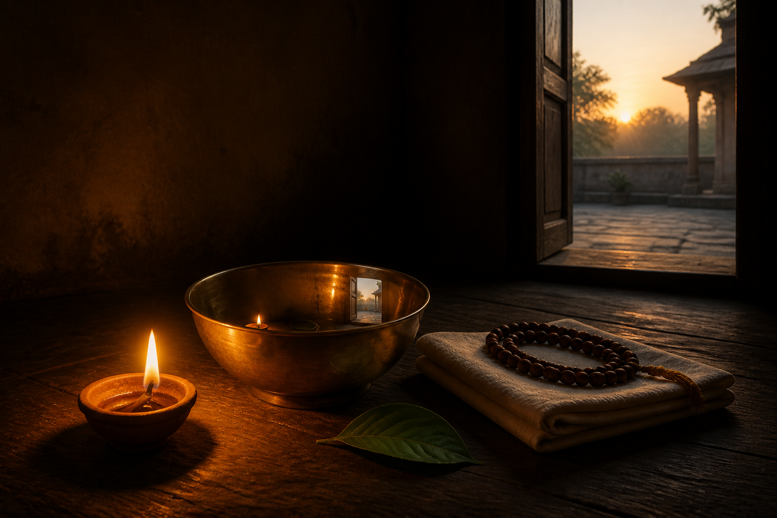 A clay diya illuminates prayer beads, a brass bowl, folded cloth, and a leaf beside an open doorway at dawn.