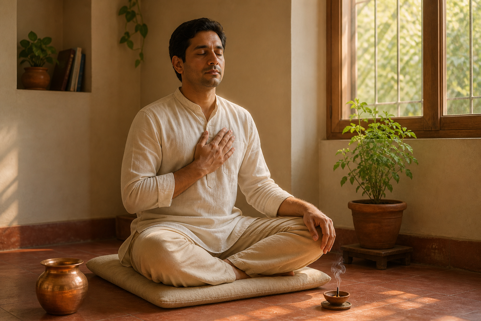 A person sits in quiet morning meditation near an extinguished diya, a copper vessel, and a tulsi plant.