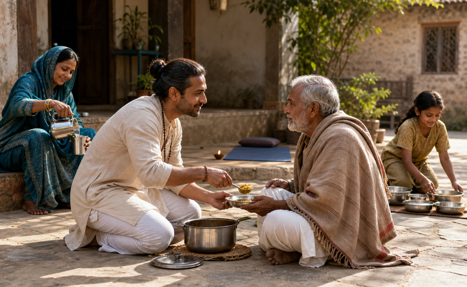A person serves a simple meal and water to neighbors in a sunlit courtyard, with a meditation mat and small diya in the background.