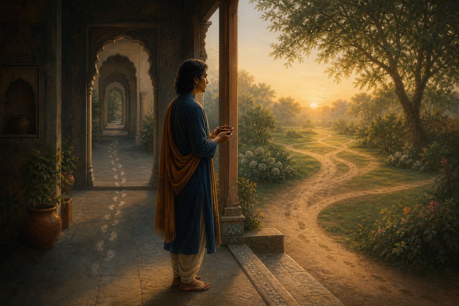 A person holding a clay lamp stands between an ancestral courtyard and a sunlit garden with several paths ahead.