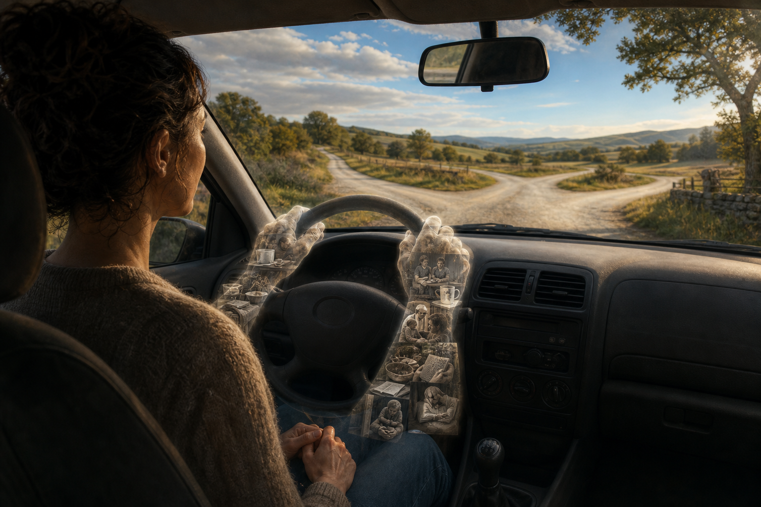 A seated driver observes translucent inherited gestures holding the steering wheel as the road divides ahead.
