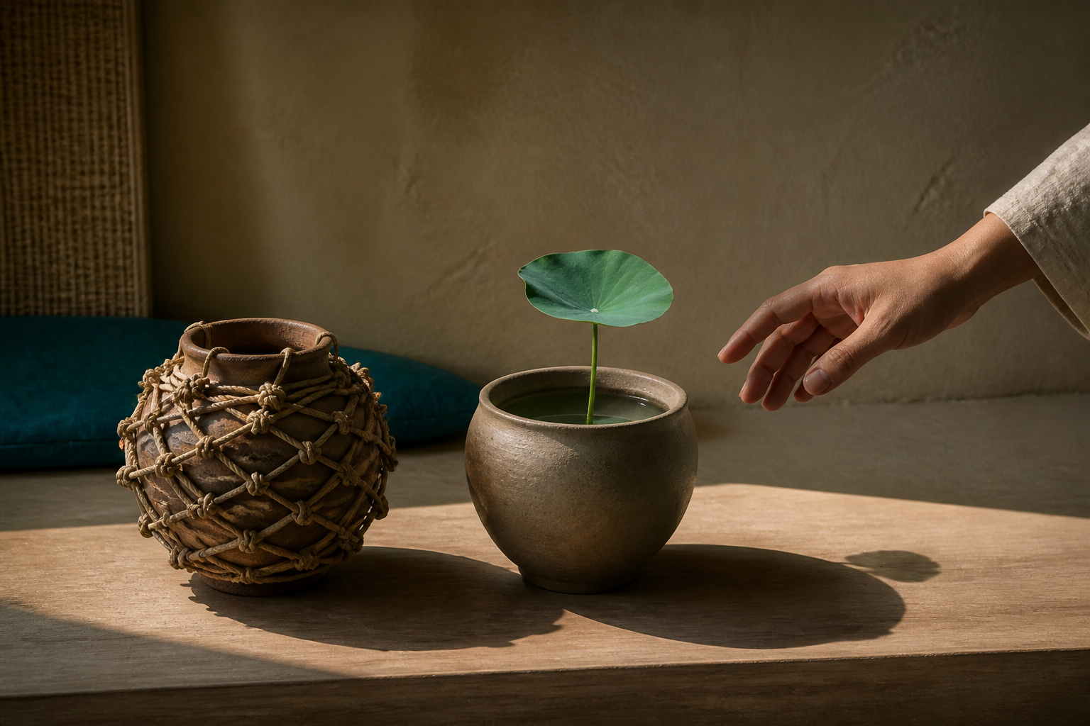 Two clay vessels sit on a wooden surface, one bound with knotted cords and the other holding clear water and a lotus leaf.