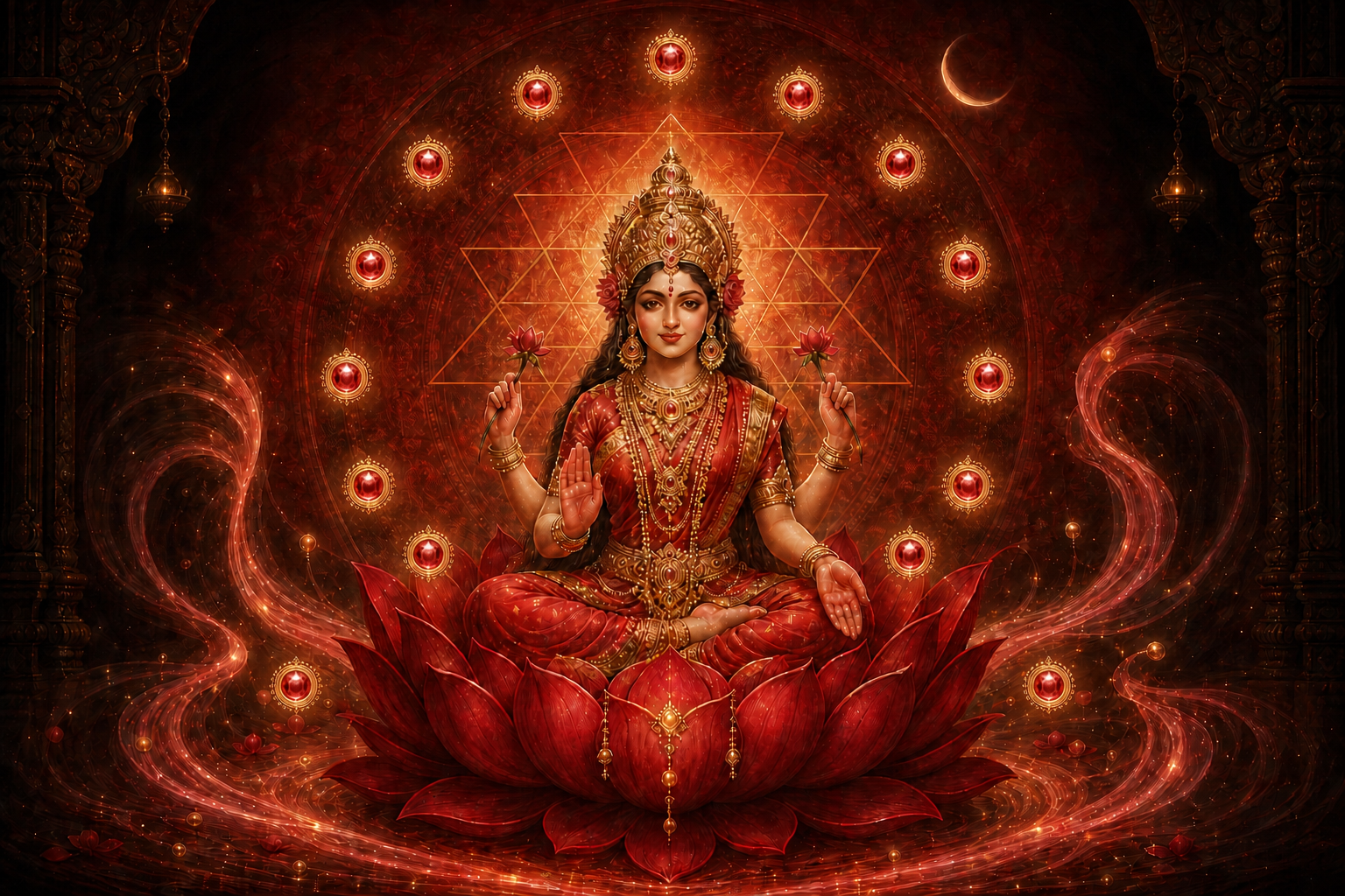 A serene red-robed goddess sits on a crimson lotus within luminous triangular geometry, encircled by fifteen ruby-gold lights and flowing rose-colored radiance.