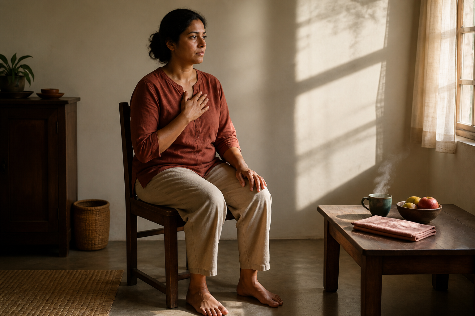 A seated person grounds themselves with both feet on the floor and one hand on their chest in a sunlit room.