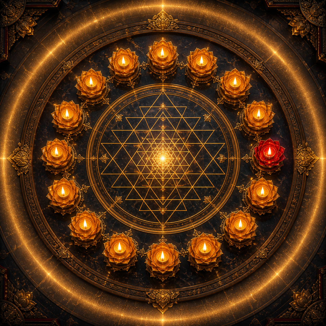 Fifteen lotus-shaped lamps surround luminous interlocking triangles and a bright central point in a symmetrical dark-stone shrine.