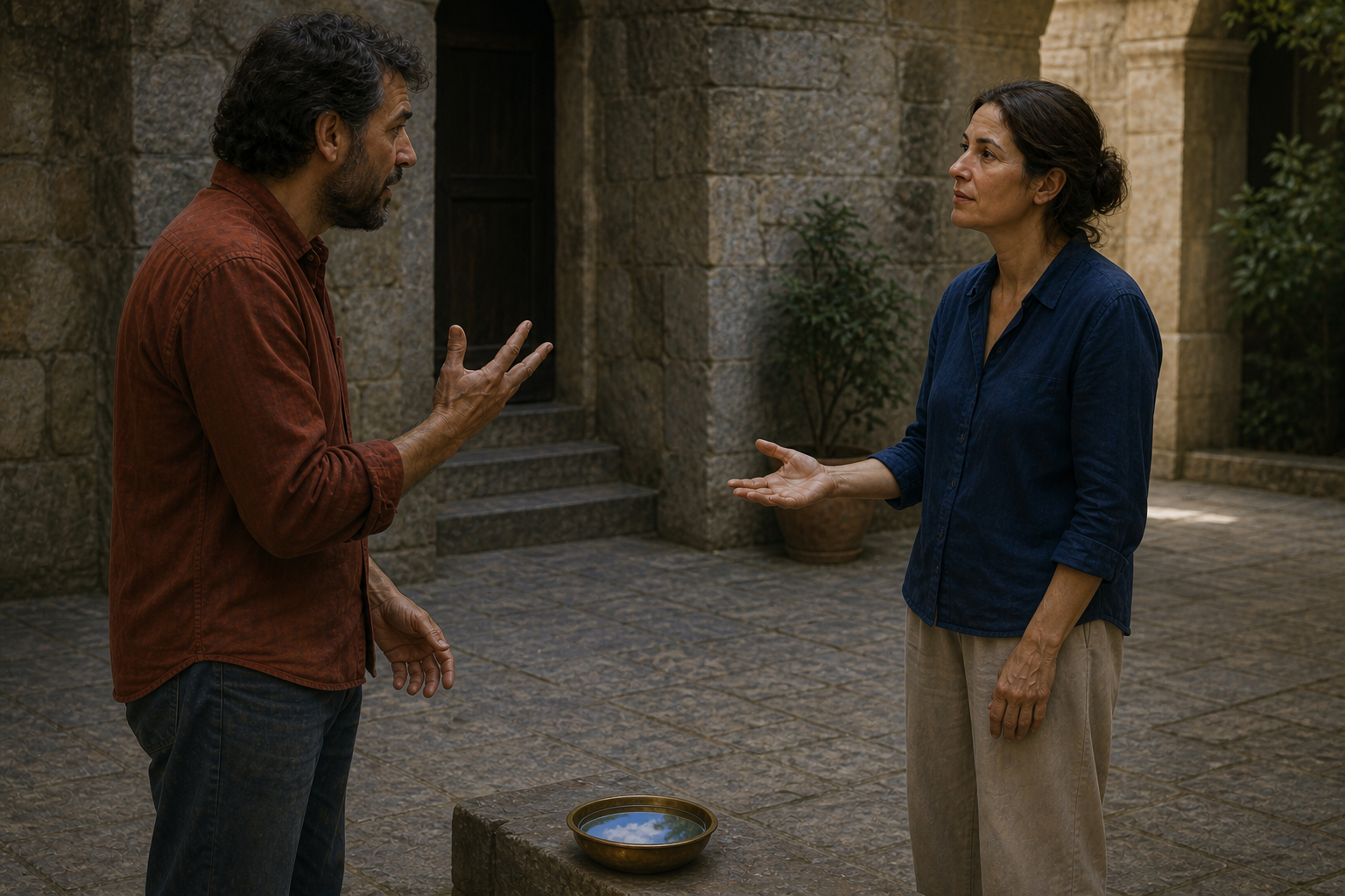 Two adults have a tense conversation while one pauses with an open hand and calm, attentive posture.