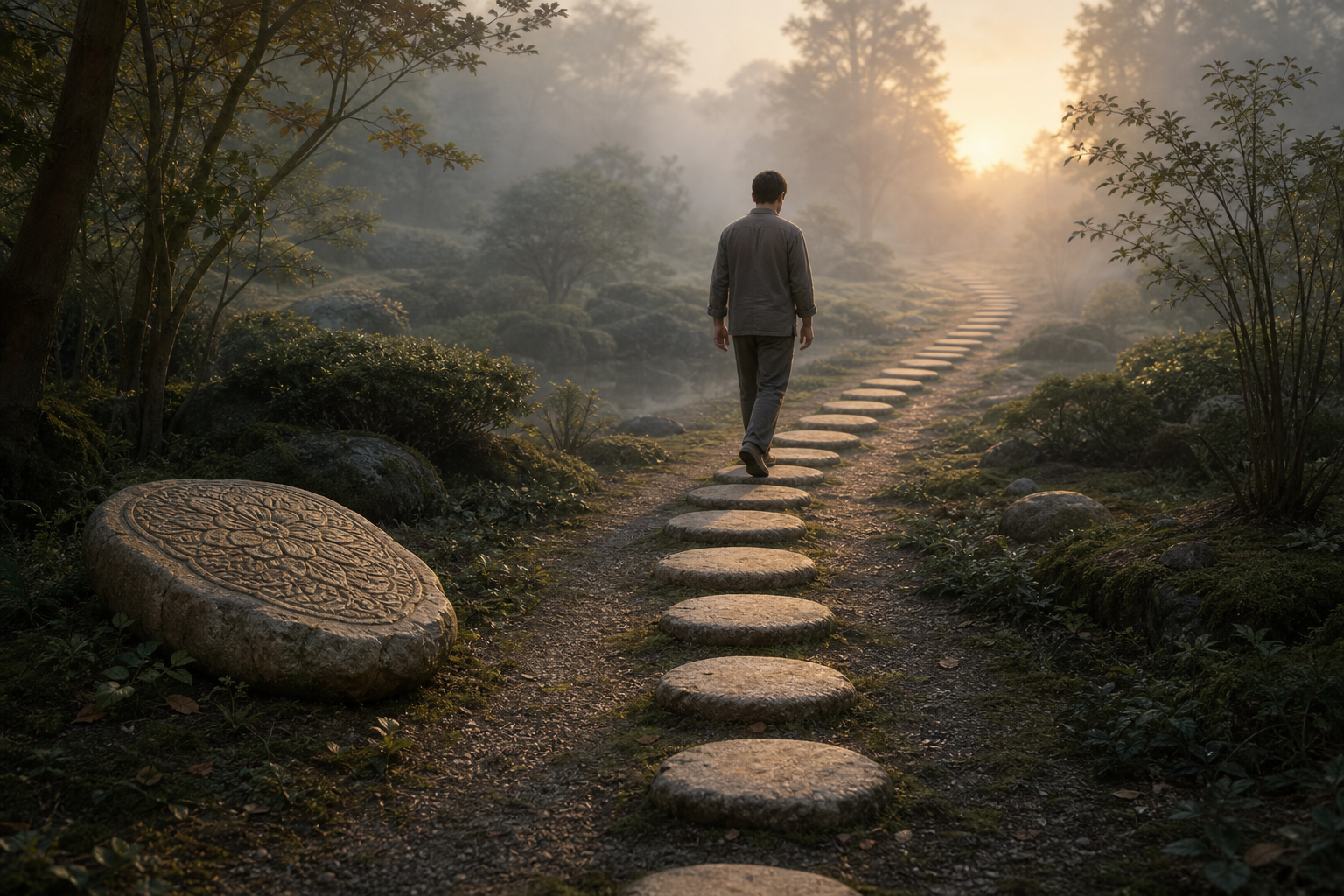 A person walks along a garden path of small evenly spaced stones while one large ornate stone lies to the side.