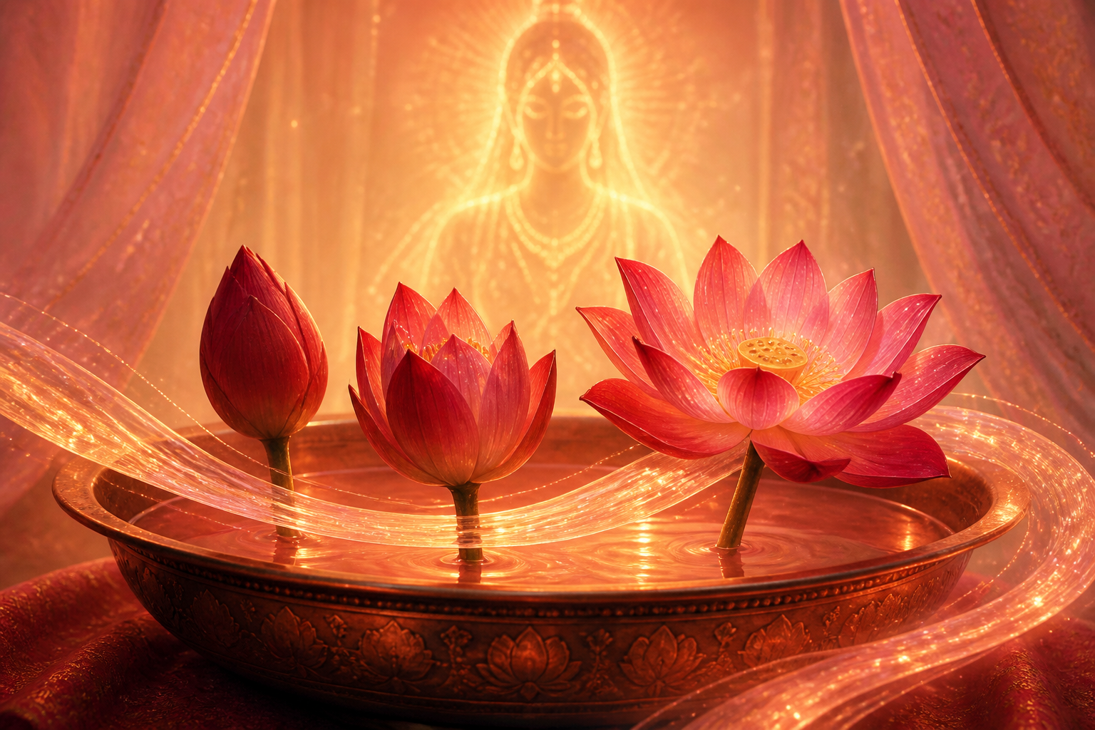 Three crimson lotuses at different stages of opening stand in a bronze basin crossed by a continuous ribbon of rose-gold water and light.