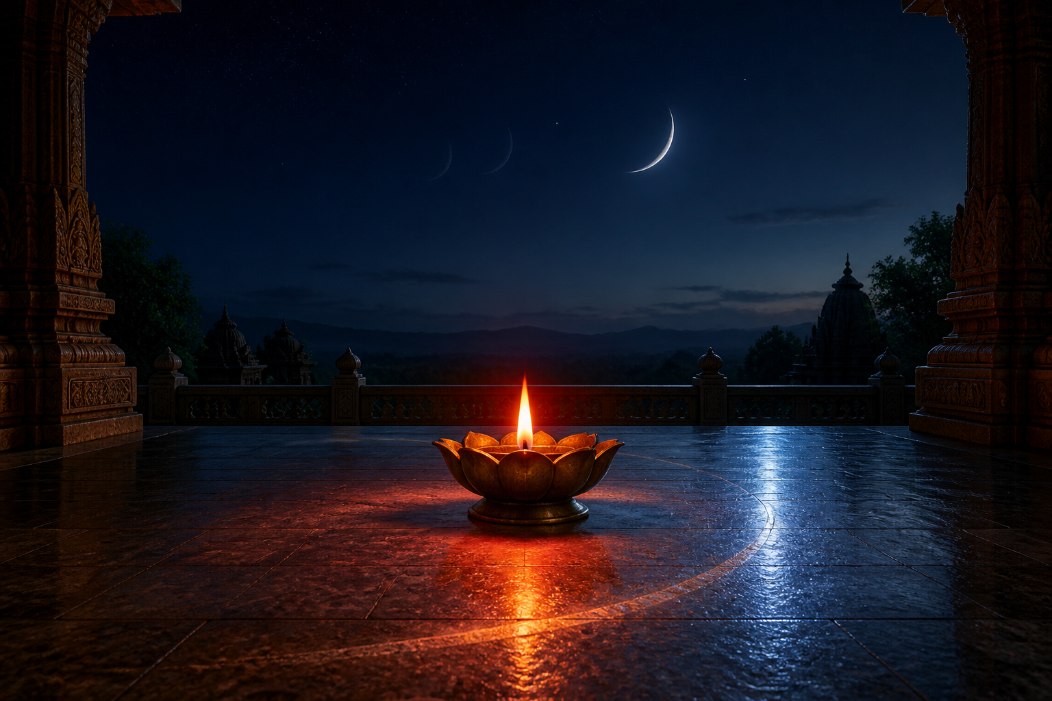 A slender waxing crescent and two faint lunar echoes appear above a temple terrace where a single steady flame burns in a lotus-shaped lamp.