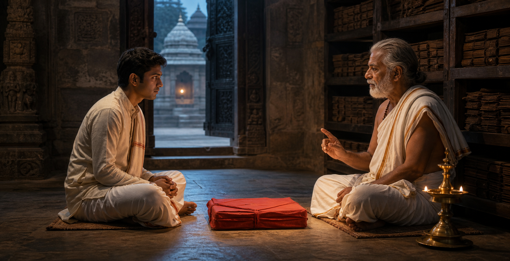 A seated seeker listens to an elder beside a small lamp and a closed red-wrapped palm-leaf manuscript in a quiet temple library.