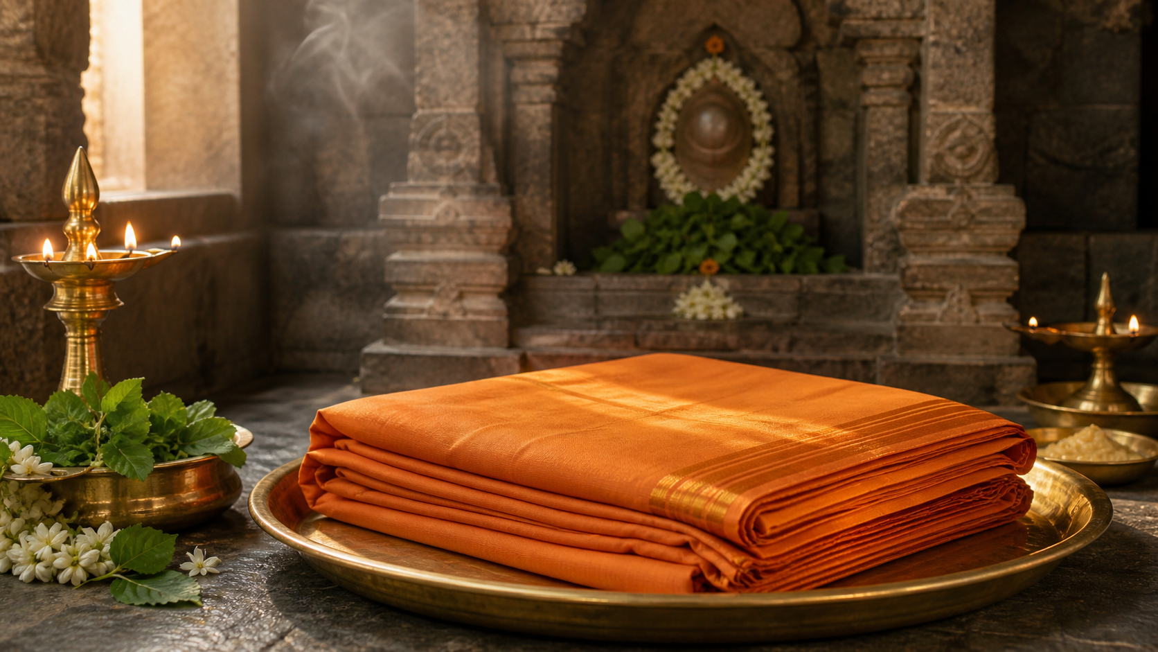 A folded saffron cotton dhoti on a brass tray before a flower-decorated Brindavana shrine with glowing oil lamps.