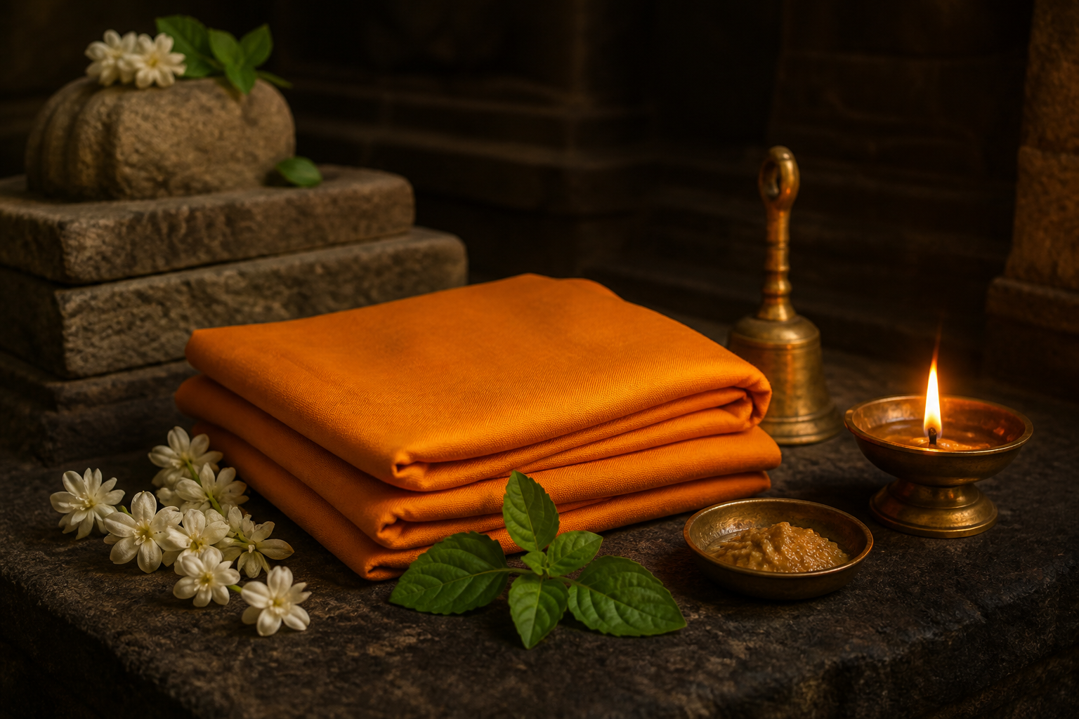 A saffron dhoti arranged with tulasi leaves, jasmine, sandalwood paste, a brass bell, and an oil lamp near a stone shrine.