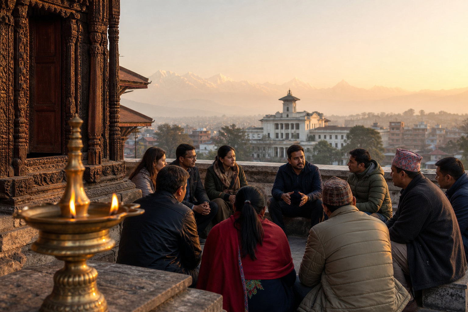 A brass oil lamp and carved temple details overlook a diverse civic gathering in the Kathmandu Valley with the Himalayas in the distance.
