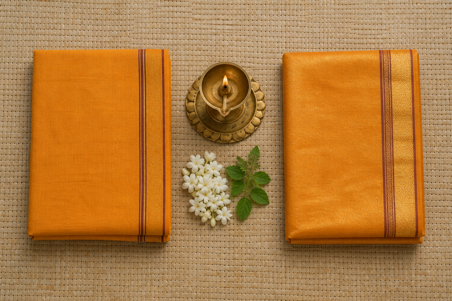 Cotton and lustrous saffron dhotis folded side by side with jasmine, tulasi, and a brass oil lamp.