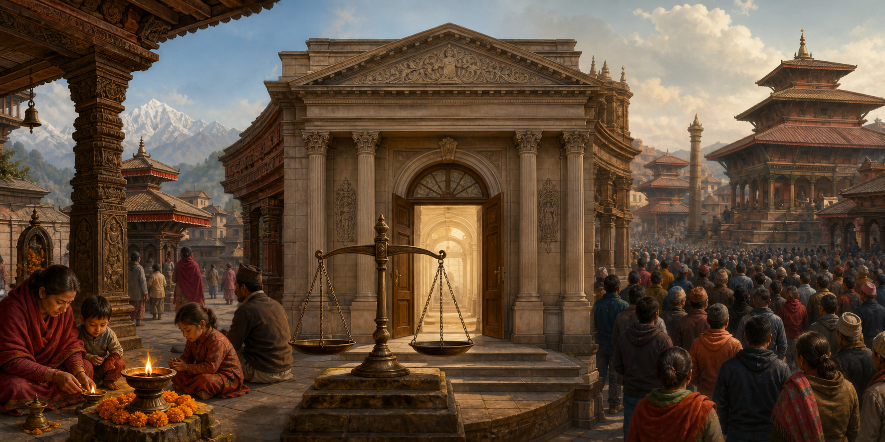 A panoramic illustration contrasts Hindu cultural practice, a civic institution, and a peaceful public mobilization in Nepal.