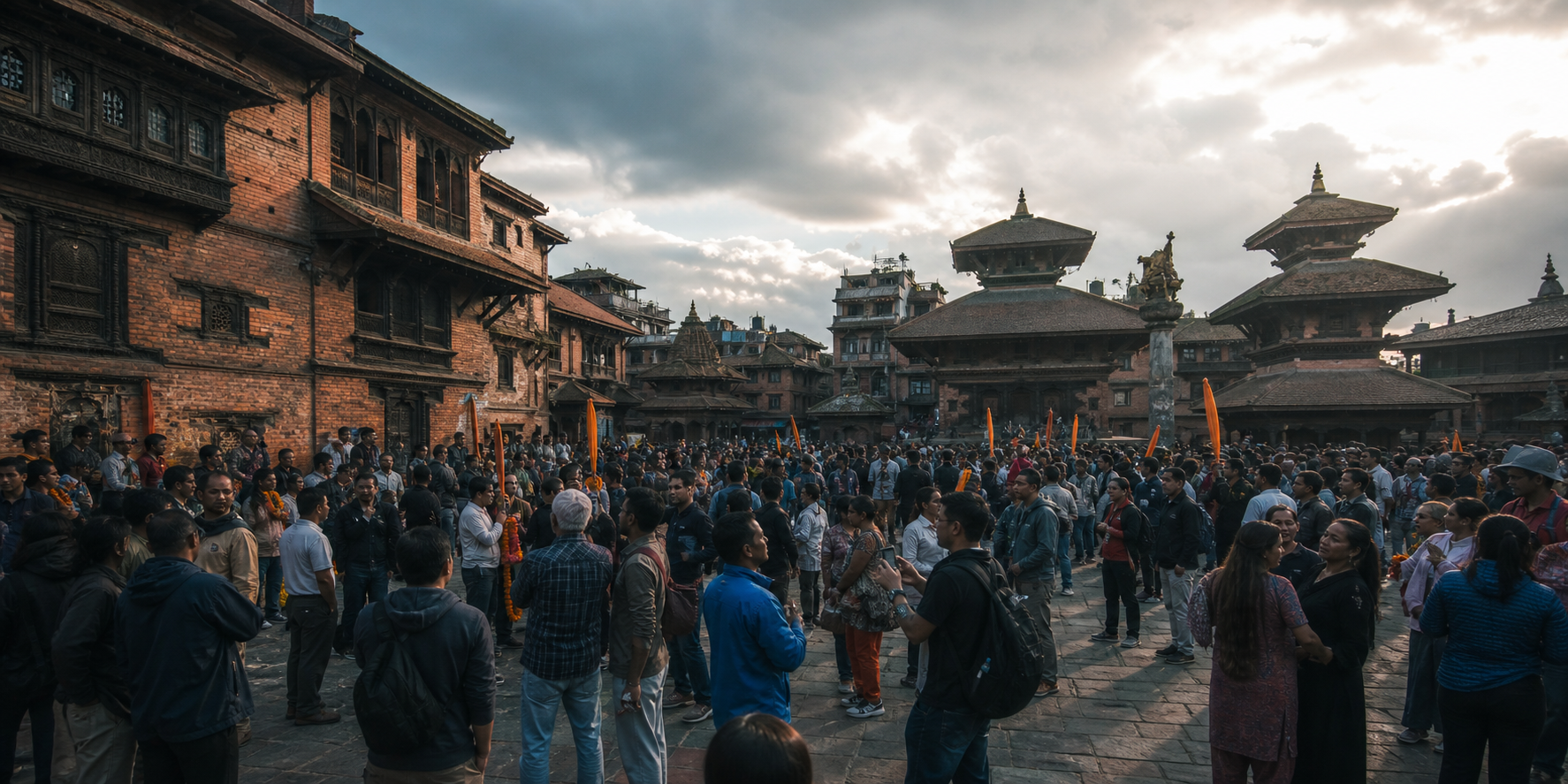 A peaceful crowd gathers in a historic Kathmandu square while other people watch and talk at the edges.
