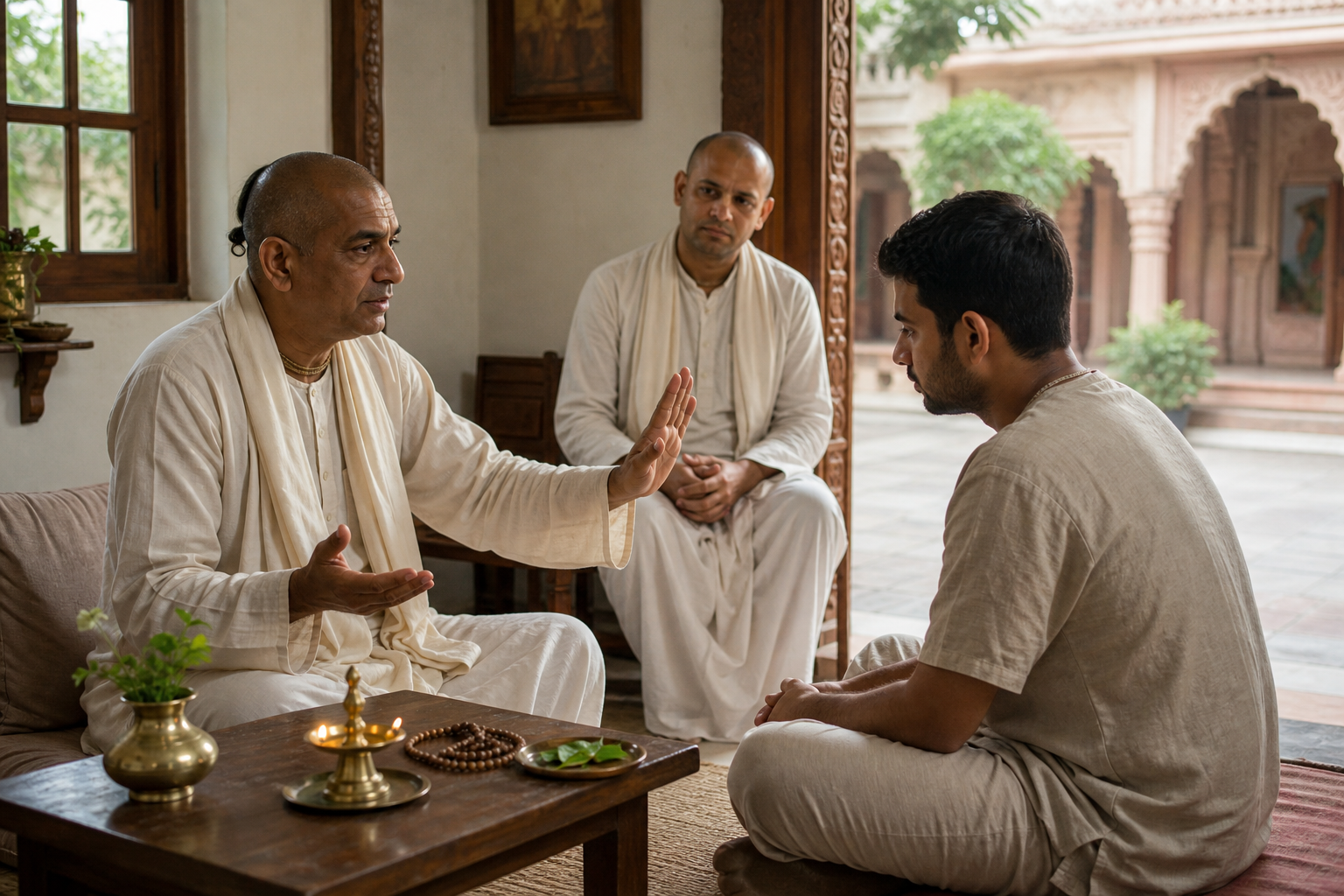 A Vaishnava mentor listens to a distressed younger adult while maintaining a clear physical boundary, with another community member nearby.