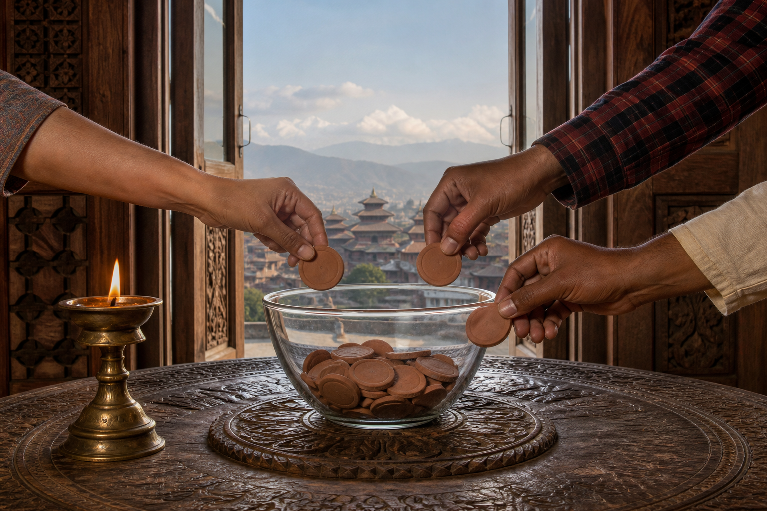A brass oil lamp, an open doorway, and diverse hands placing clay tokens into a bowl symbolize continuity, freedom, and public consent.