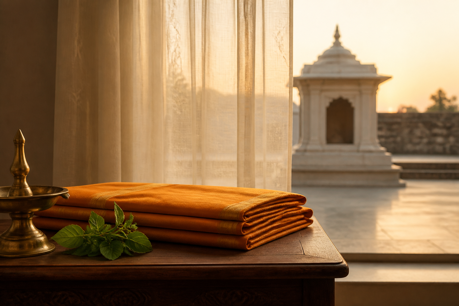 A folded saffron dhoti and brass lamp in a dawn prayer corner, with a Brindavana shrine softly visible beyond a curtain.