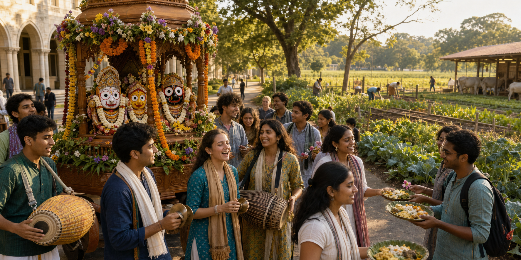 Students join a kirtan and prasadam gathering beside a small festival chariot on a university campus, with fields, gardens, and a cow shelter visible beyond.