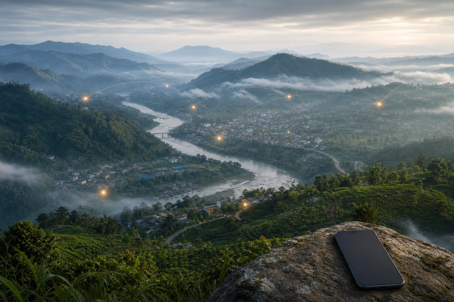 A misty Himalayan foothill corridor with roads, rivers, towns, and subtle arcs of light representing cross-border digital communication.