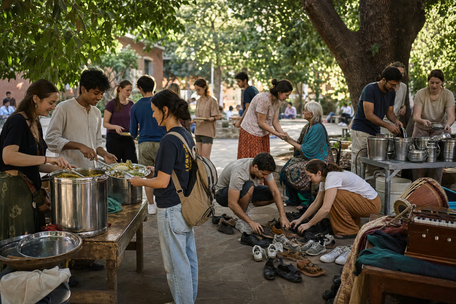 University students and volunteers serve prasadam, arrange seating, wash vessels, and assist visitors together in a campus courtyard.